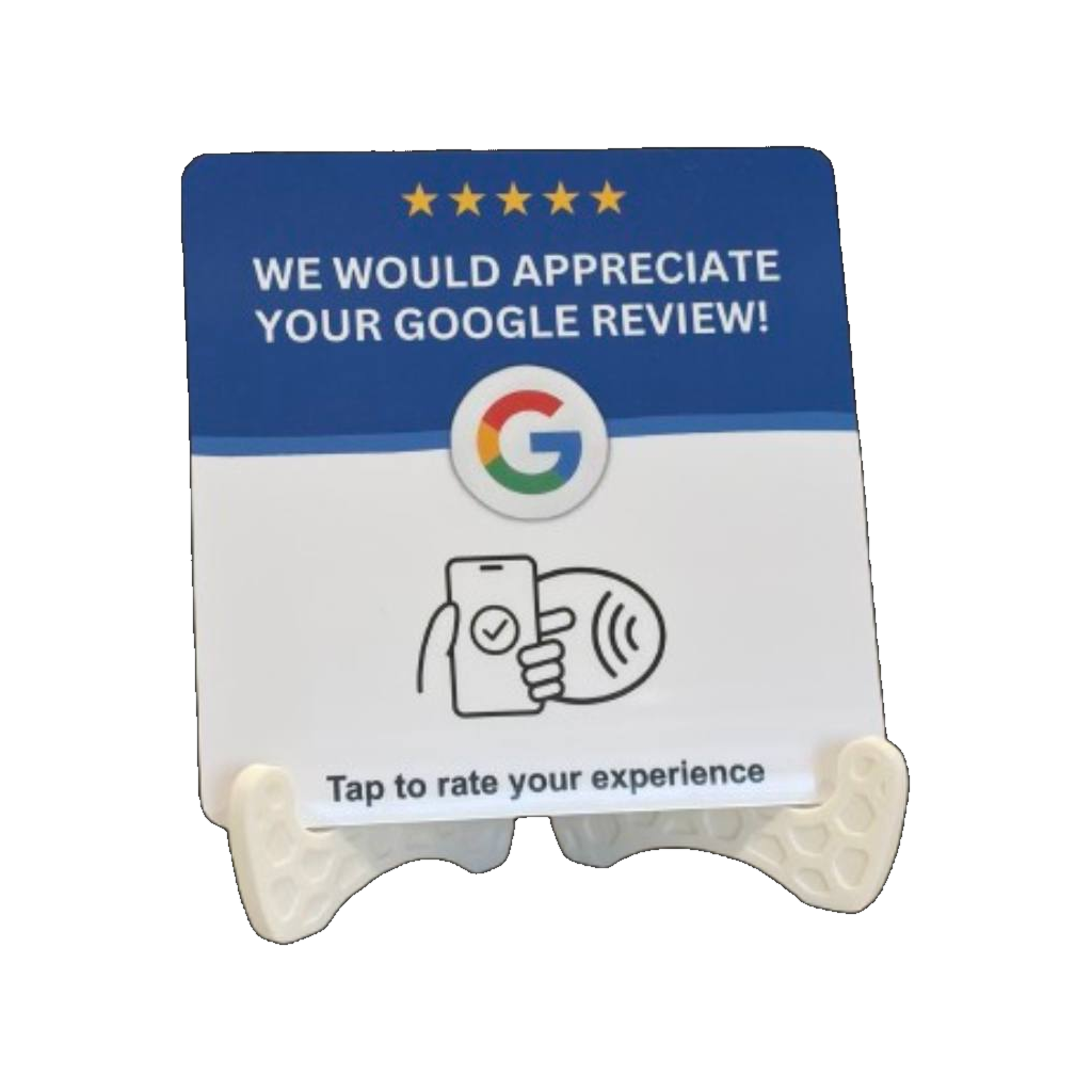 Jett Reviews NFC Google review card on a white stand